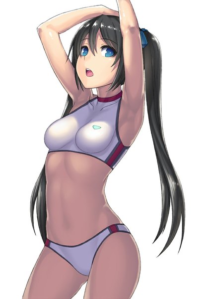 Anime picture 679x1000 with original katagiri (pixiv) single long hair tall image breasts open mouth blue eyes light erotic black hair simple background white background twintails arms up armpit (armpits) underwear only girl underwear panties sports bra