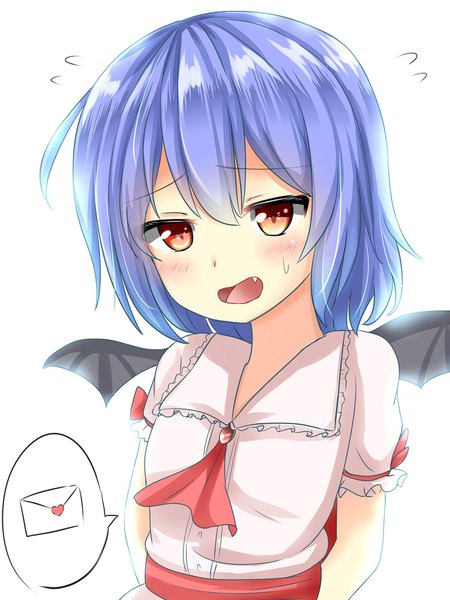 Anime picture 1500x2000 with touhou remilia scarlet renka (cloudsaikou) single tall image blush fringe short hair open mouth simple background hair between eyes red eyes white background looking away upper body fang (fangs) sweat sweatdrop hands behind back girl