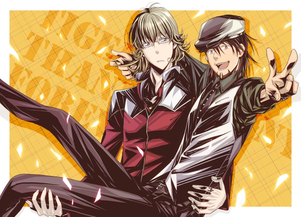 Anime picture 1242x900 with tiger & bunny sunrise (studio) kaburagi t. kotetsu barnaby brooks jr. short hair open mouth blonde hair brown hair victory boy glasses necktie jacket vest flat cap