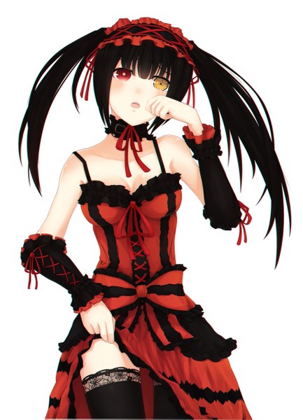 Anime picture 1840x2549 with date a live tokisaki kurumi bushido single long hair tall image looking at viewer highres open mouth black hair white background twintails bare shoulders heterochromia girl thighhighs dress black thighhighs detached sleeves choker