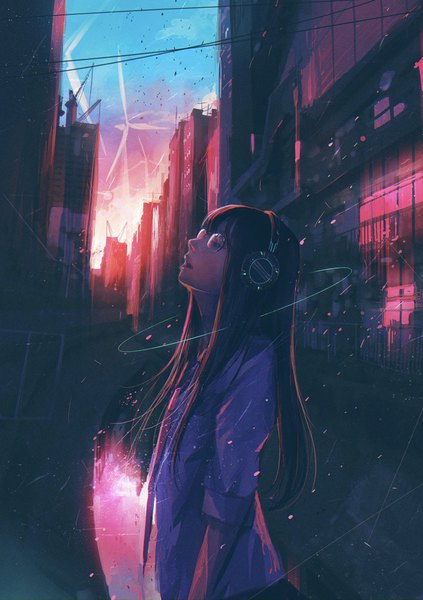 Anime picture 700x993 with original wataboku single long hair tall image open mouth black hair standing outdoors profile city evening twisty sleeves girl shirt glasses necktie white shirt headphones