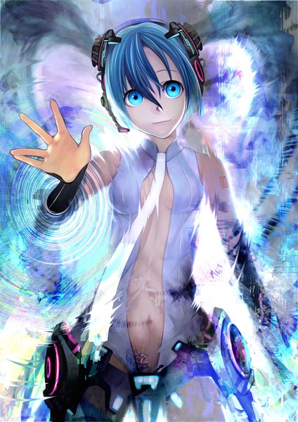 Anime picture 1400x1981 with vocaloid vocaloid append hatsune miku hatsune miku (append) kari kenji single tall image blue eyes twintails bare shoulders very long hair light smile aqua hair girl detached sleeves necktie headphones microphone