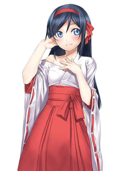 Anime picture 800x1200 with ore no imouto ga konna ni kawaii wake ga nai aragaki ayase kyougoku touya single long hair tall image blue eyes simple background white background blue hair traditional clothes miko girl hairband