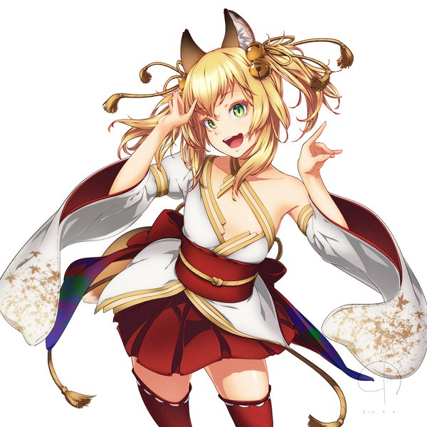 Anime picture 1200x1200 with original 4690 single looking at viewer blush fringe short hair open mouth light erotic blonde hair simple background smile hair between eyes standing white background twintails green eyes animal ears payot tail