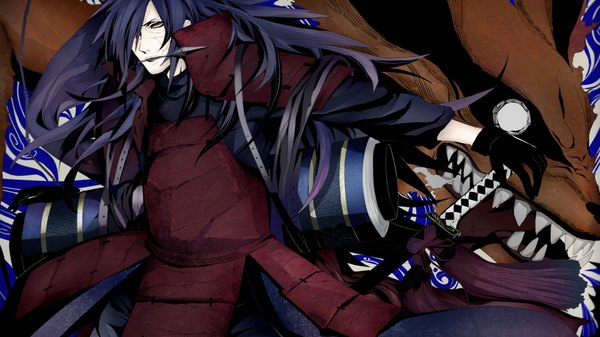 Anime picture 1920x1080 with naruto studio pierrot naruto (series) uchiha madara kurama (kyuubi) mollo single long hair highres black hair wide image purple eyes brown eyes looking away traditional clothes japanese clothes black eyes teeth fang (fangs) rinnegan