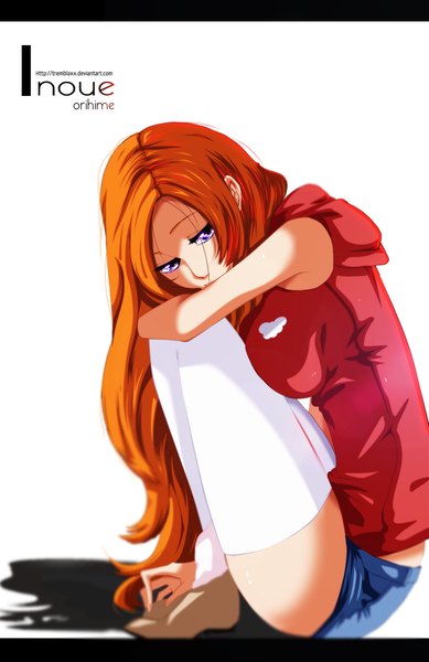 Anime picture 900x1387 with bleach studio pierrot inoue orihime tremblax single long hair tall image simple background white background purple eyes orange hair inscription shadow coloring letterboxed squat girl thighhighs white thighhighs shorts