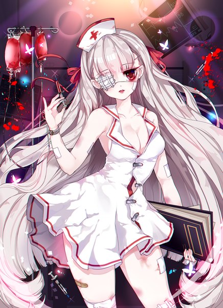 Anime picture 740x1017 with original harin 0 single tall image looking at viewer breasts red eyes cleavage white hair very long hair parted lips head tilt no bra nurse albino girl dress uniform ribbon (ribbons) bow