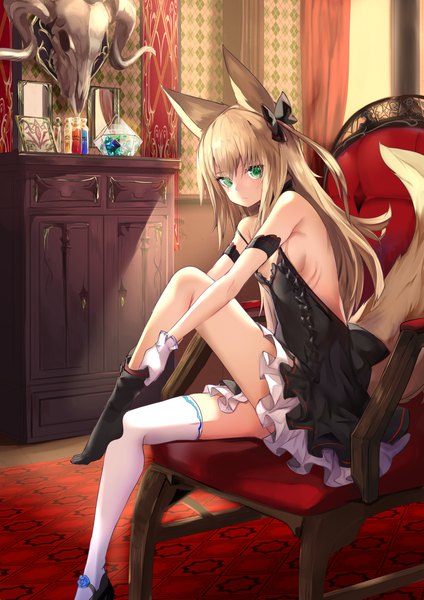 Anime picture 1447x2047 with original haik single long hair tall image looking at viewer fringe breasts light erotic blonde hair hair between eyes sitting bare shoulders green eyes animal ears payot bent knee (knees) indoors tail animal tail