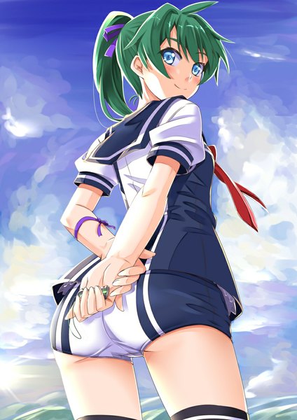 Anime picture 827x1169 with vividred operation saegusa wakaba miri (ago550421) single long hair tall image blue eyes smile cloud (clouds) ponytail looking back green hair girl necktie shorts