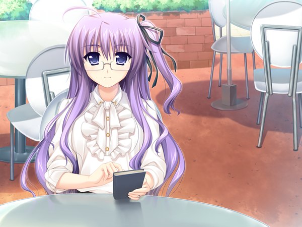 Anime picture 1024x768 with w. l. o. sekai ren'ai kikou ioroi hotaru long hair blue eyes game cg purple hair girl glasses