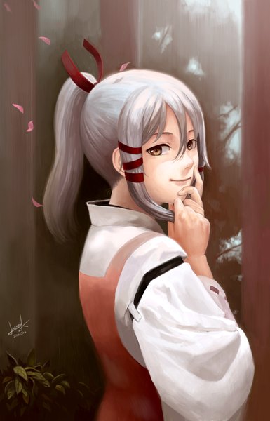 Anime picture 2078x3236 with inari konkon koi iroha production ims ukanomitama no kami lasterk single long hair tall image looking at viewer highres brown eyes signed silver hair ponytail girl petals