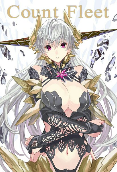 Anime picture 686x1000 with original ranou single long hair tall image looking at viewer breasts open mouth light erotic simple background white background purple eyes bare shoulders cleavage silver hair crossed arms girl gloves navel elbow gloves