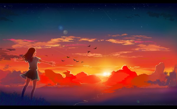 Anime picture 2600x1611 with original charlie ray single long hair highres brown hair wide image standing cloud (clouds) pleated skirt wind sunlight night short sleeves night sky evening sunset spread arms sunbeam girl