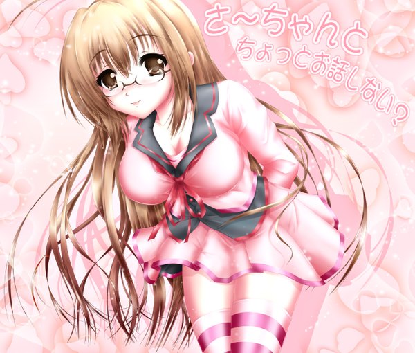 Anime picture 1270x1081 with original nohoho (kakikonchi) single long hair looking at viewer blonde hair brown eyes pink background girl thighhighs dress skirt miniskirt glasses heart striped thighhighs