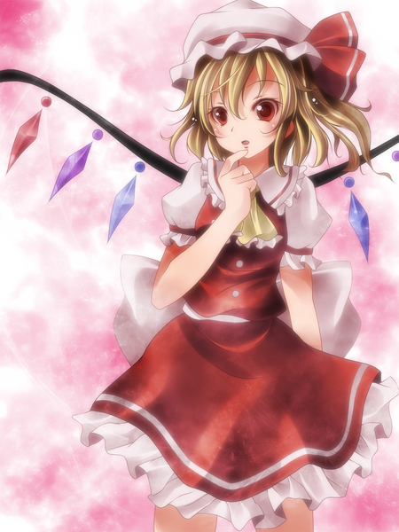 Anime picture 1200x1600 with touhou flandre scarlet s-syogo single tall image short hair blonde hair red eyes girl dress skirt wings bonnet skirt set crystal