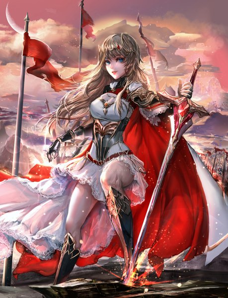 Anime picture 1600x2092 with sangrde single long hair tall image looking at viewer fringe blue eyes brown hair sky light smile girl dress weapon sword moon cloak flag