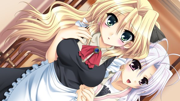 Anime picture 1280x720 with mashiro summer yasaka chihiru amagi sakino ikura nagisa long hair blush open mouth blonde hair wide image multiple girls green eyes game cg white hair pink eyes maid girl 2 girls