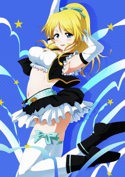 Anime picture 1811x2560 with love live! school idol project sunrise (studio) love live! ayase eli tappa (esperanza) single long hair tall image looking at viewer blush highres open mouth blue eyes blonde hair ponytail midriff girl thighhighs skirt navel