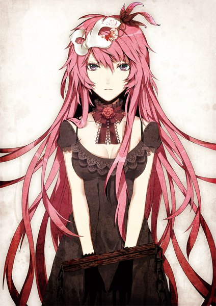 Anime picture 800x1131 with vocaloid megurine luka arisaka ako long hair tall image looking at viewer fringe breasts black hair standing purple eyes pink hair alternate costume mask on head girl dress gloves hair ornament flower (flowers) ribbon (ribbons)