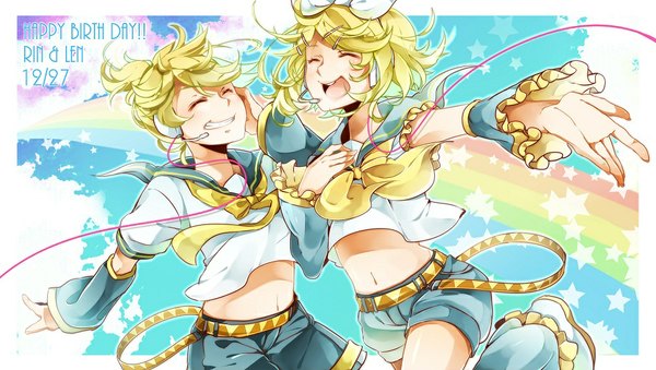 Anime picture 1000x566 with vocaloid kagamine rin kagamine len nou short hair open mouth blonde hair smile wide image inscription character names border happy outside border twins happy birthday girl boy navel hair ornament