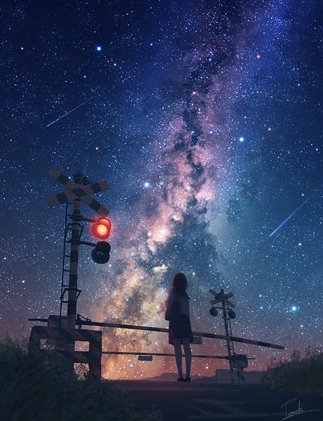 Anime picture 768x1000 with original tamaki (tamaki illust) single tall image short hair black hair standing signed pleated skirt from behind night from below night sky looking up scenic shooting star milky way railroad crossing girl skirt