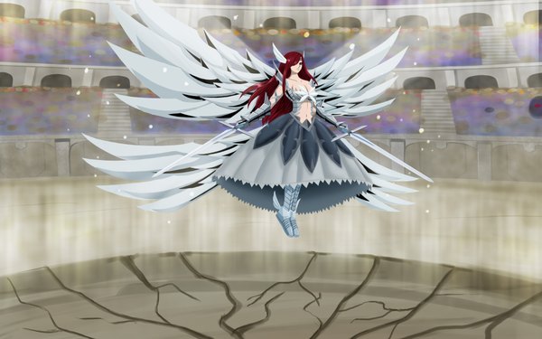 Anime picture 4000x2500 with fairy tail erza scarlet air monger single long hair looking at viewer fringe highres breasts red eyes large breasts absurdres cleavage red hair hair over one eye wallpaper light flying head wings crack