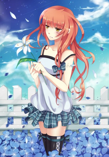 Anime picture 875x1250 with law of x tabasco hara single long hair tall image blush fringe standing holding yellow eyes sky cloud (clouds) wind orange hair zettai ryouiki girl thighhighs skirt flower (flowers) bow