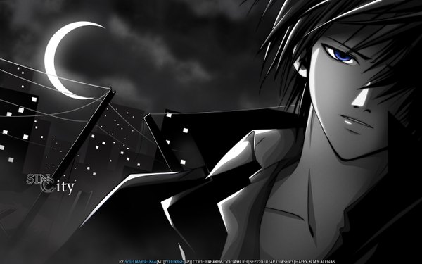 Anime picture 2560x1600 with code: breaker kinema citrus ogami rei yoru angel866 looking at viewer fringe highres short hair blue eyes black hair wide image hair over one eye night open clothes open shirt wallpaper city dark background crescent naked shirt