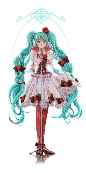 Anime picture 900x1791 with vocaloid hatsune miku iroha (shiki) single tall image looking at viewer simple background white background twintails very long hair aqua eyes aqua hair girl dress bow hair bow crown microphone stand