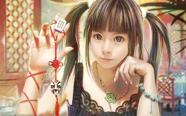 Anime picture 2560x1600 with original eat0123 single long hair looking at viewer fringe highres brown hair wide image twintails brown eyes payot upper body blunt bangs fingernails realistic depth of field wallpaper watermark mahjong