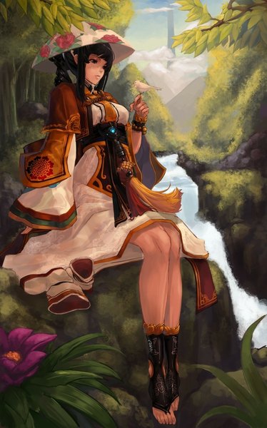Anime picture 740x1186 with dungeon and fighter dungeon fighter online female gunner (dungeon and fighter) qbspdl single long hair tall image fringe breasts black hair sitting sky cloud (clouds) braid (braids) long sleeves sunlight wide sleeves alternate costume mountain sunbeam