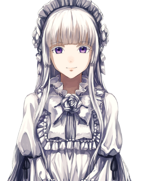 Anime picture 1100x1400 with original matsuki (mikipingpong) single long hair tall image looking at viewer fringe simple background smile white background white hair blunt bangs lips hime cut girl bow headdress
