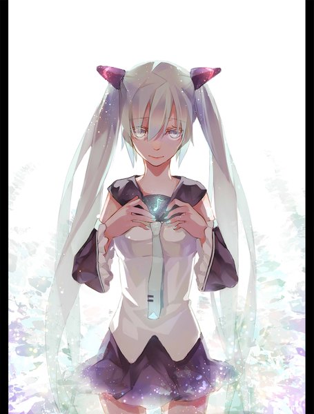 Anime picture 1209x1594 with vocaloid hatsune miku momozi (mkingnight) single long hair tall image looking at viewer blush smile white background twintails holding nail polish aqua eyes lips aqua hair letterboxed girl skirt shirt