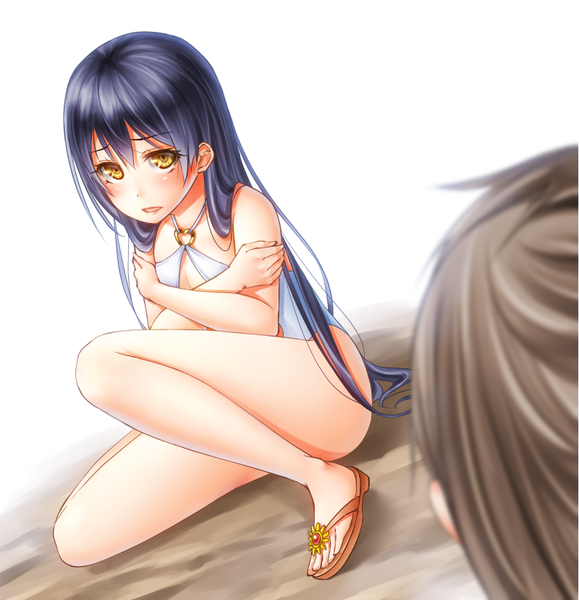 Anime picture 800x829 with love live! school idol project sunrise (studio) love live! sonoda umi noppi (noppi 98) single long hair tall image looking at viewer blush light erotic black hair yellow eyes legs girl