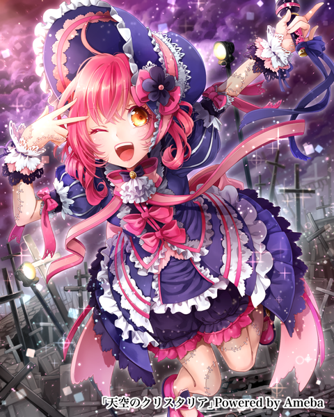 Anime picture 800x1000 with original yukinokoe single long hair tall image looking at viewer open mouth pink hair one eye closed wink orange eyes girl dress ribbon (ribbons) frills cross bonnet