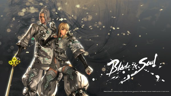 Anime picture 1920x1080 with blade & soul highres blonde hair wide image brown eyes silver hair inscription girl boy weapon sword