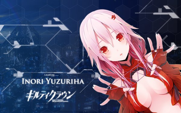 Anime picture 1920x1200 with guilty crown production i.g yuzuriha inori drlinux single long hair highres breasts light erotic red eyes wide image pink hair inscription coloring hieroglyph center opening girl bodysuit thread