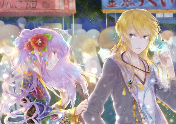 Anime picture 2920x2064 with original amatou (usagi cacao) long hair blush fringe highres breasts open mouth blonde hair red eyes holding green eyes purple hair traditional clothes japanese clothes profile looking back hair flower night wide sleeves
