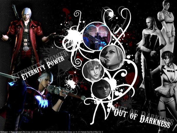 Anime picture 1024x768 with devil may cry dante (devil may cry) nero (devil may cry) lady (devil may cry) trish kyrie white hair group gloves weapon sword fingerless gloves cloak collar corset