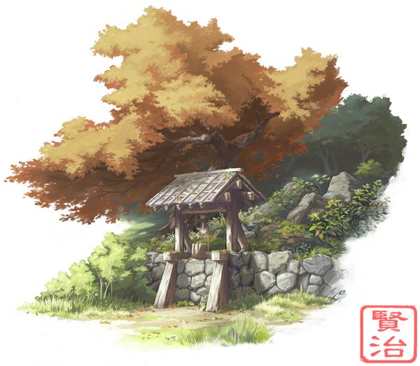 Anime picture 1024x893 with original kyomu (artist) landscape plant (plants) tree (trees) well