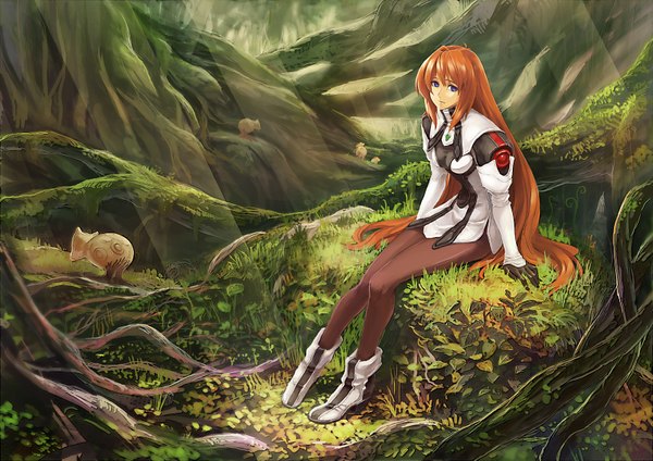 Anime picture 1600x1132 with xenogears elhaym van houten guchico single long hair looking at viewer sitting purple eyes sunlight orange hair girl gloves plant (plants) animal pantyhose tree (trees) boots forest