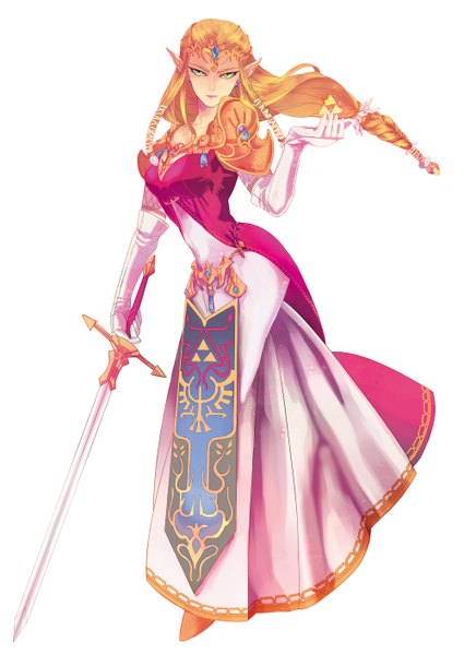 Anime picture 1000x1412 with the legend of zelda princess zelda tagme (artist) single long hair tall image blonde hair simple background white background green eyes triforce girl ribbon (ribbons) weapon hair ribbon sword armor crown