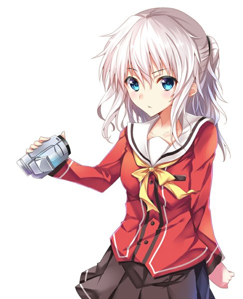 Anime picture 731x900 with charlotte p.a. works tomori nao tsuedzu single long hair tall image blush fringe blue eyes simple background white background holding looking away silver hair pleated skirt wind two side up girl skirt