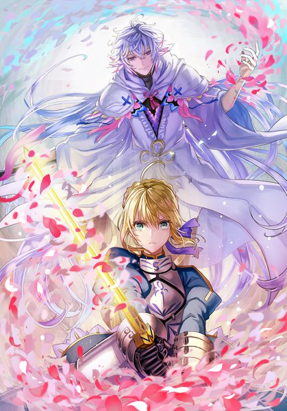 Anime picture 1216x1740 with fate (series) fate/stay night artoria pendragon (all) saber merlin (fate) kirinosuke tall image looking at viewer fringe short hair blonde hair smile hair between eyes purple eyes green eyes silver hair ahoge very long hair fighting stance girl