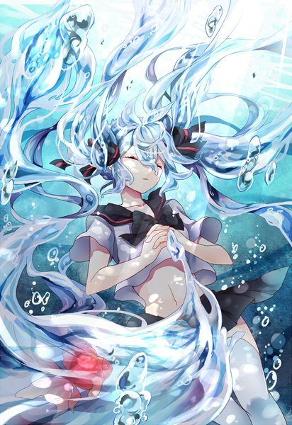Anime picture 818x1190 with vocaloid hatsune miku bottle miku iku1539 single tall image twintails blue hair eyes closed very long hair sunlight bare belly underwater liquid hair girl thighhighs navel uniform school uniform white thighhighs