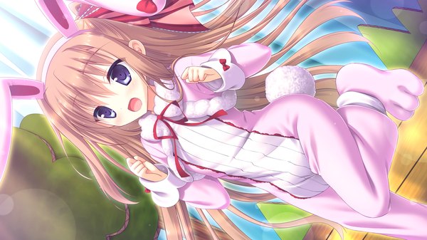 Anime picture 1280x720 with onii-chan migite no shiyou wo kinshi shimasu! imoo yuki single long hair looking at viewer open mouth blue eyes brown hair wide image animal ears game cg loli bunny ears fake animal ears girl bunnysuit