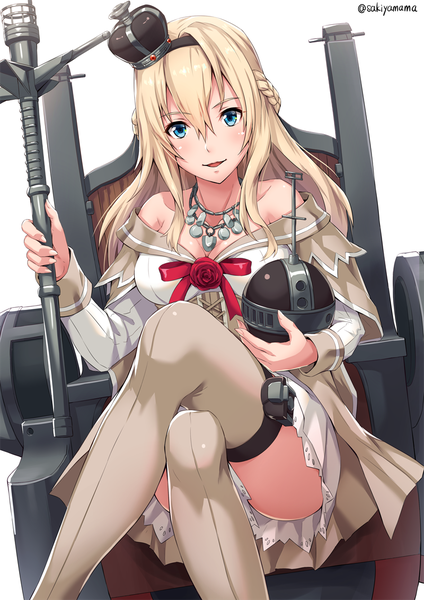 Anime picture 800x1131 with kantai collection warspite (kantai collection) sakiyamama single long hair tall image looking at viewer fringe blue eyes light erotic blonde hair smile hair between eyes white background sitting holding signed braid (braids) twitter username crossed legs