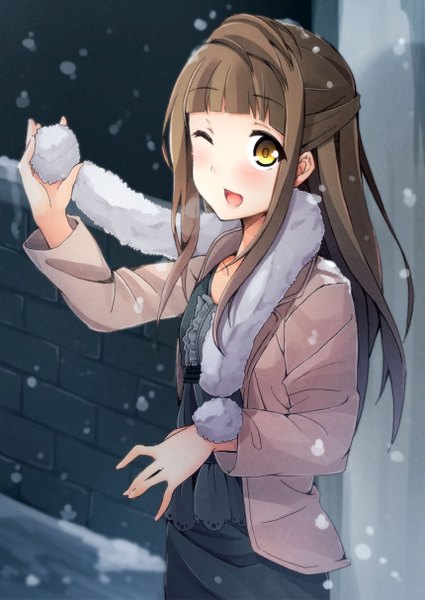 Anime picture 860x1214 with love live! school idol project sunrise (studio) love live! minami kotori's mother oruto (ort+) single long hair tall image blush open mouth smile brown hair yellow eyes outdoors one eye closed wink night happy snowing snow