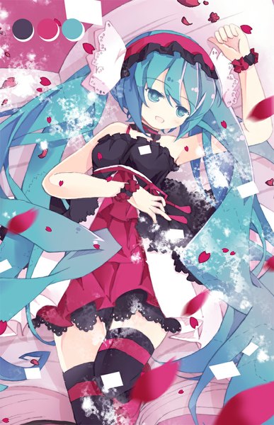 Anime picture 700x1084 with 7th dragon vocaloid hatsune miku bondson (artist) single long hair tall image open mouth twintails bare shoulders very long hair aqua eyes aqua hair arms up girl thighhighs dress skirt black thighhighs headdress