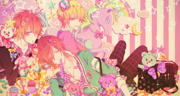 Anime picture 1105x595 with ibuki (artist) looking at viewer short hair blue eyes blonde hair wide image sitting purple eyes pink hair cloud (clouds) red hair lying one eye closed light smile wink orange hair multiple boys lipstick striped reclining